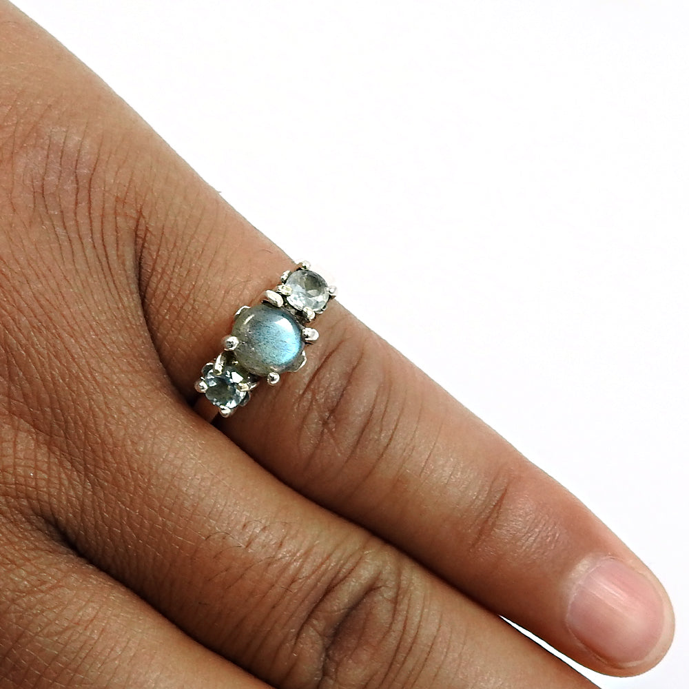 Blue Topaz Labradorite 925 Sterling Silver Cocktail Ring Jewelry