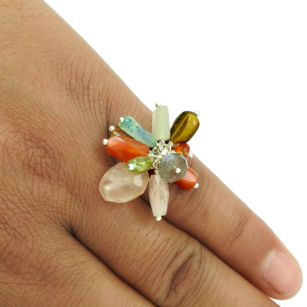 Chalcedony Tiger Eye Labradorite Carnelian Rose Quartz Peridot Gemstone Ring 925 Sterling Silver Ethnic Jewelry