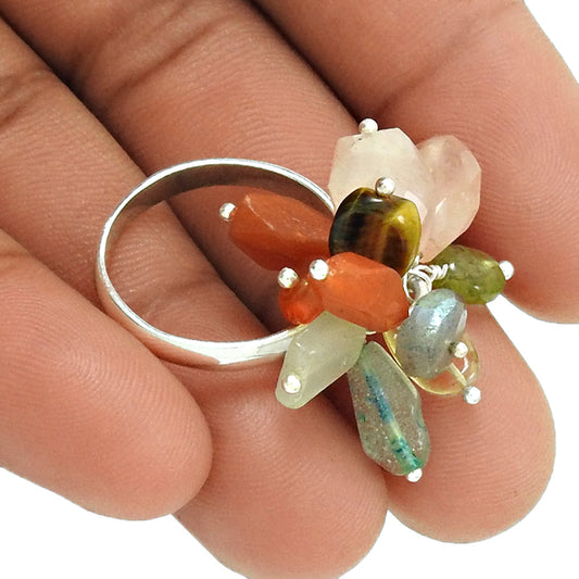 Chalcedony Tiger Eye Labradorite Carnelian Rose Quartz Peridot Gemstone Ring 925 Sterling Silver Ethnic Jewelry