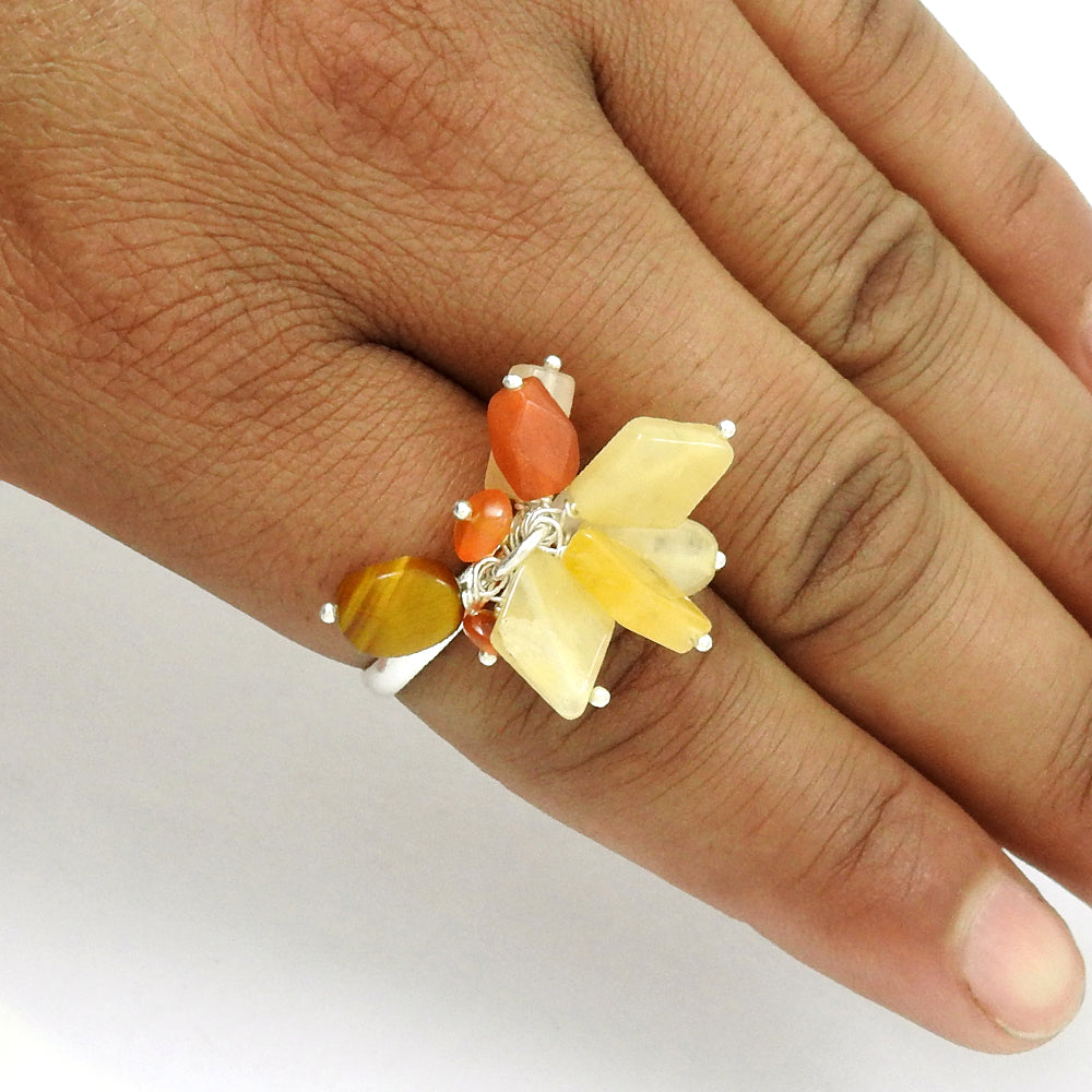 Rose Quartz Carnelian Tiger Eye Gemstone Ring 925 Sterling Silver Stylish Jewelry