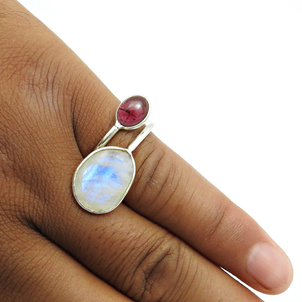 Natural Rainbow Moonstone Statement Open Adjustable Ring 925 Silver R22