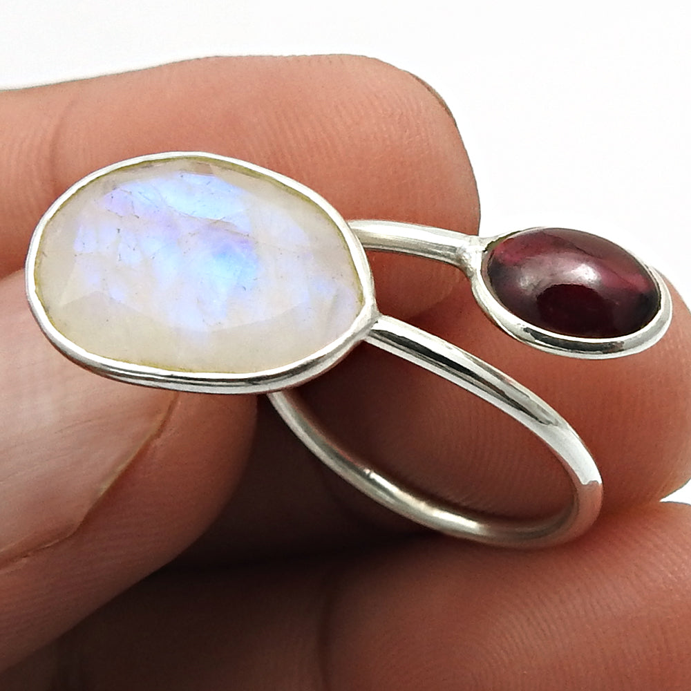 Natural Rainbow Moonstone Statement Open Adjustable Ring 925 Silver R22