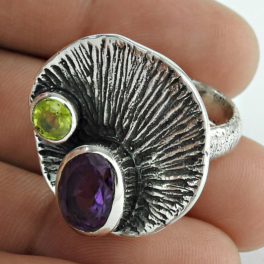 Peridot Amethyst Gemstone 925 Solid Silver Wedding Gift Statement Ring