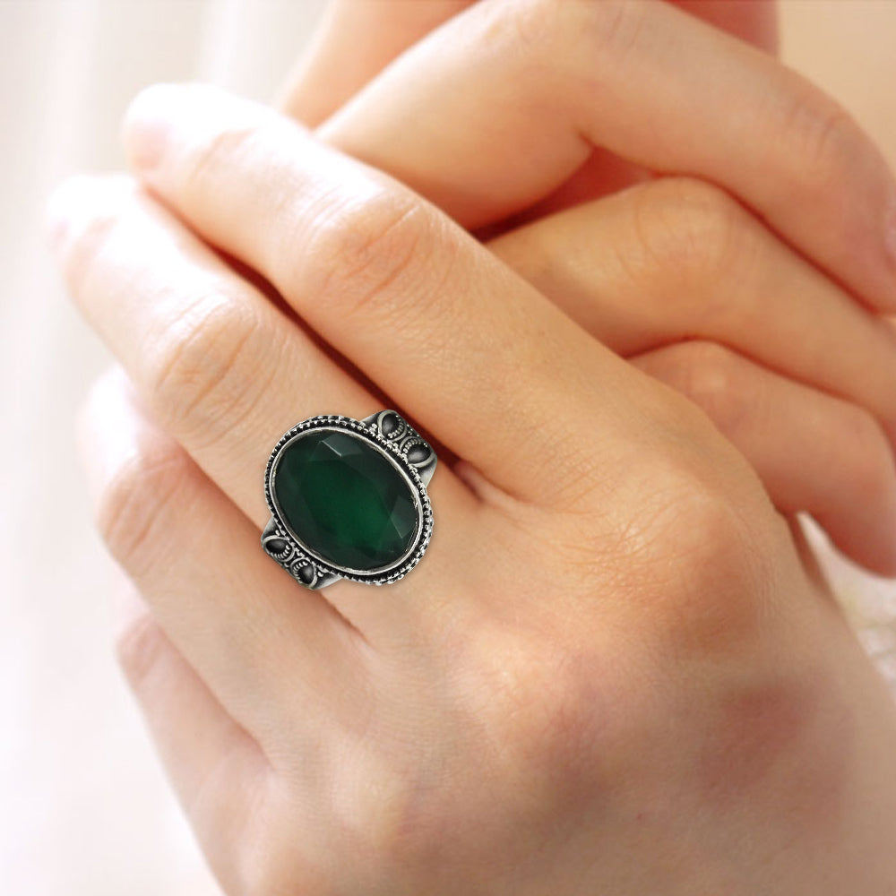 Natural Green Onyx Gemstone 925 Silver Cocktail Ethnic Ring For Girls S32