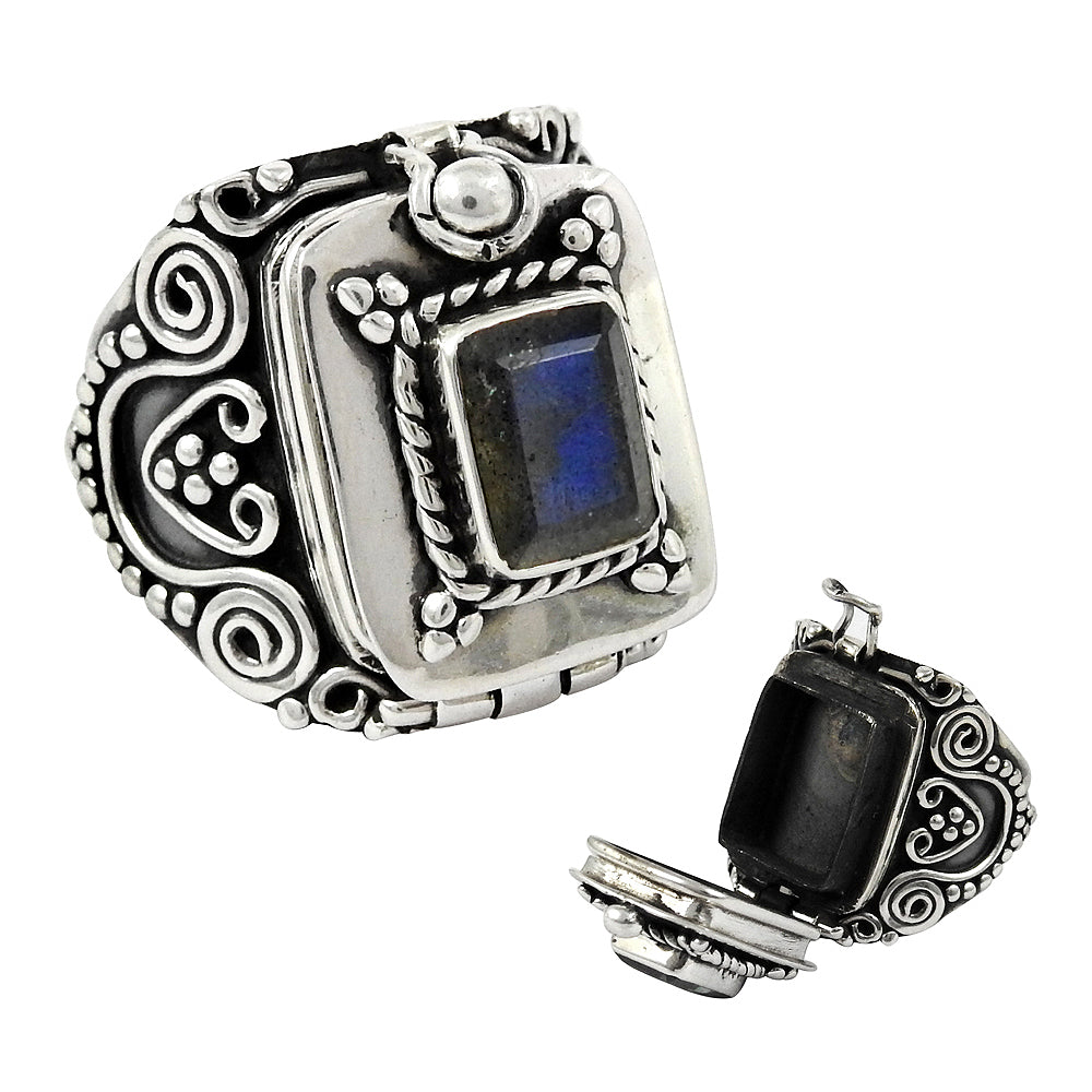 Natural Labradorite Gemstone Poison Ring 925 Silver Gorgeous Jewelry C2