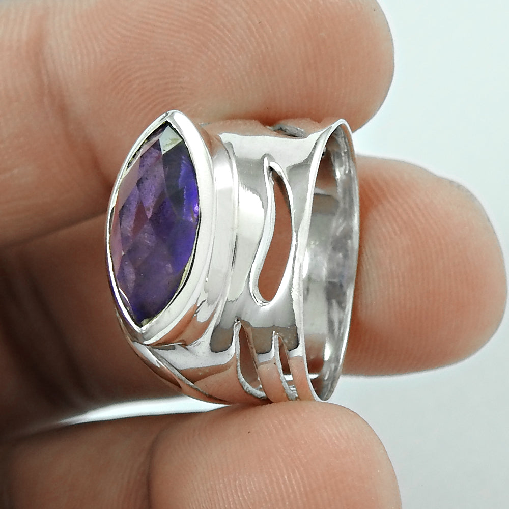 Natural Amethyst Gemstone 925 Sterling Silver Band Ring For Women M23