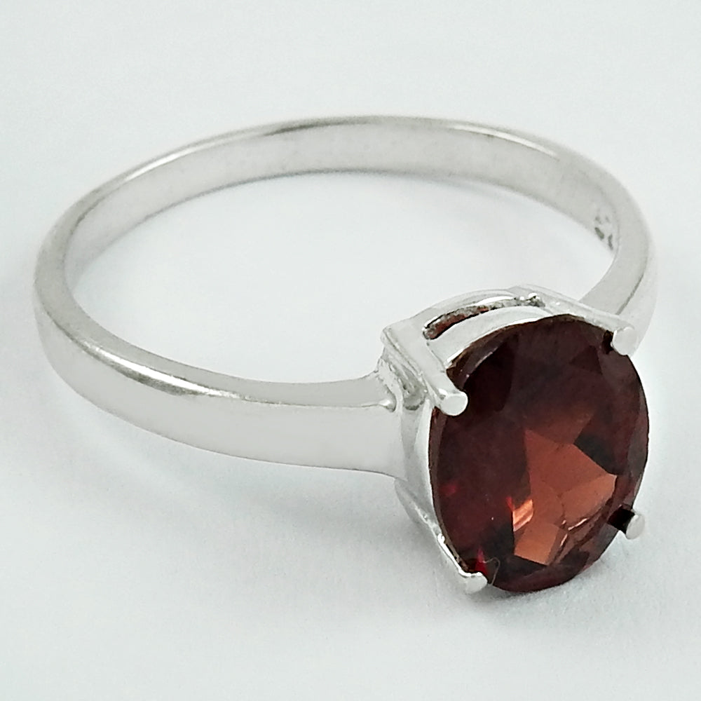 Natural Garnet 925 Silver Solitaire Rhodium Plated Ring For Women O23
