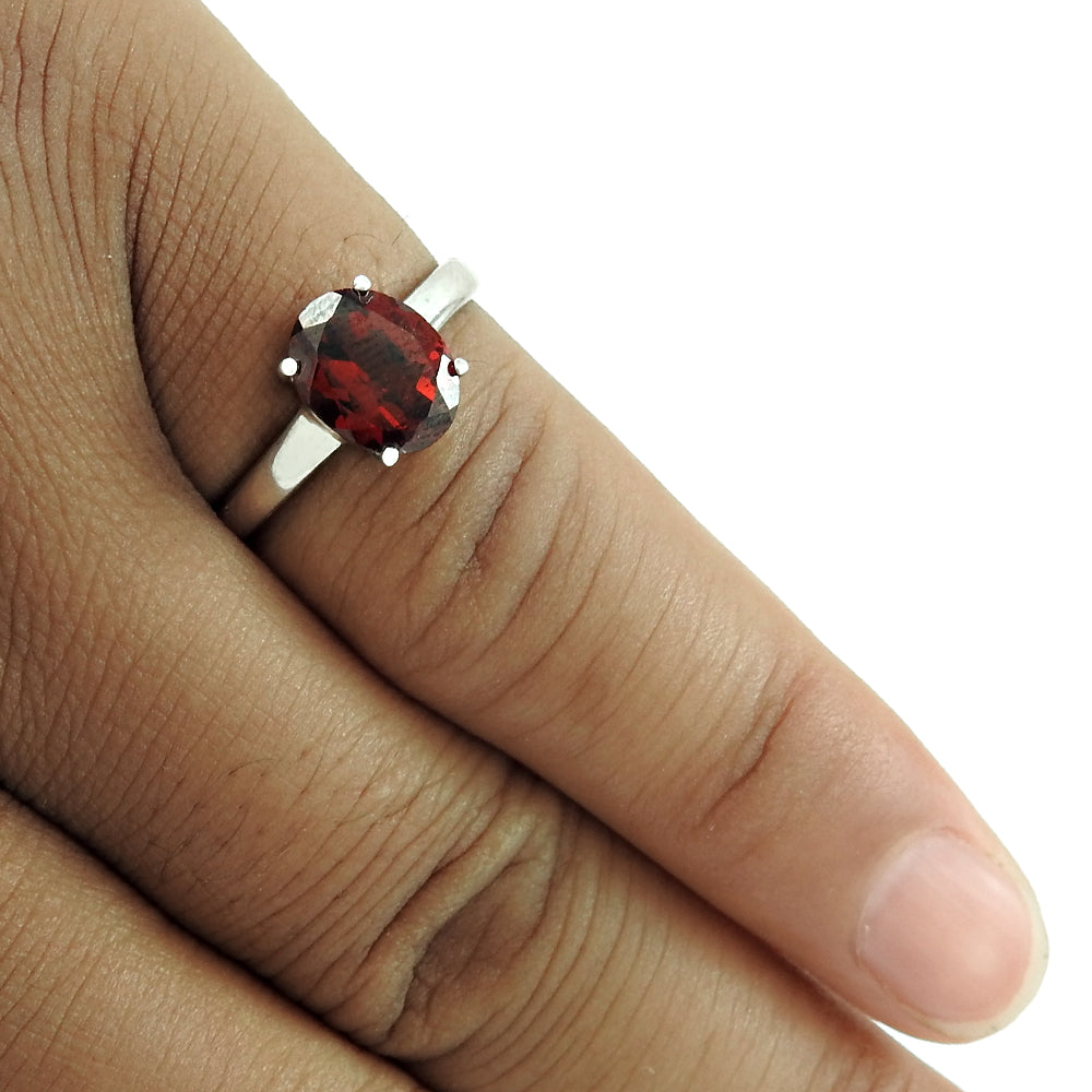 Natural Garnet 925 Silver Solitaire Rhodium Plated Ring For Women O23