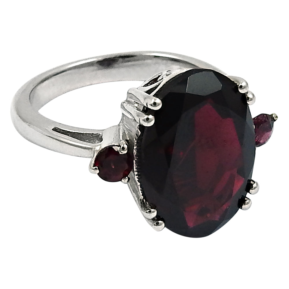 Natural Garnet Cocktail Rhodium Plated Ring 925 Silver For Girls Q3