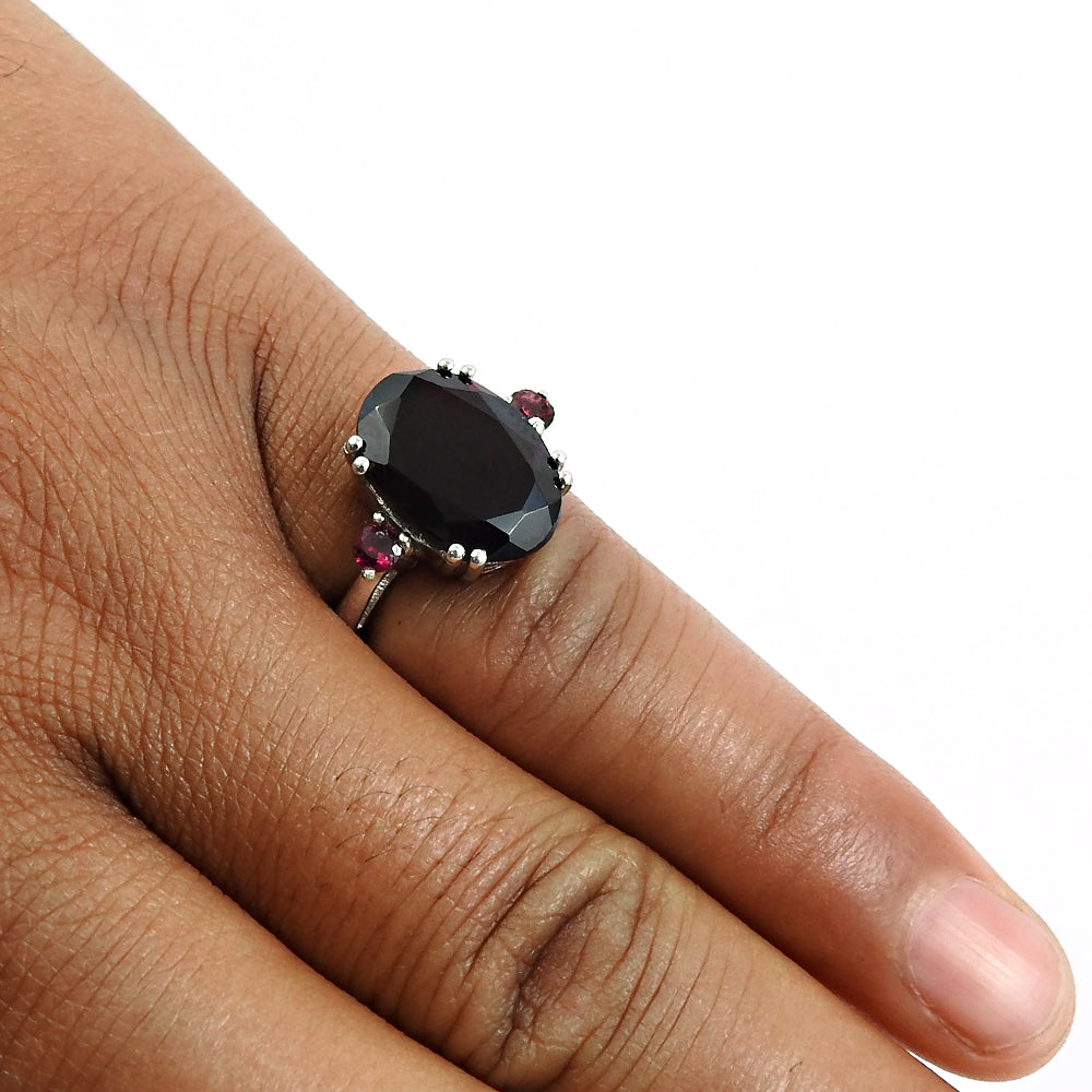 Natural Garnet Cocktail Rhodium Plated Ring 925 Silver For Girls Q3