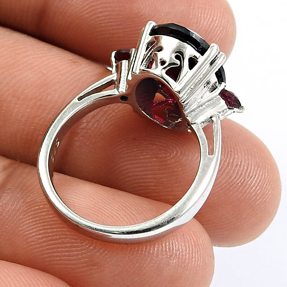 Natural Garnet Cocktail Rhodium Plated Ring 925 Silver For Girls Q3