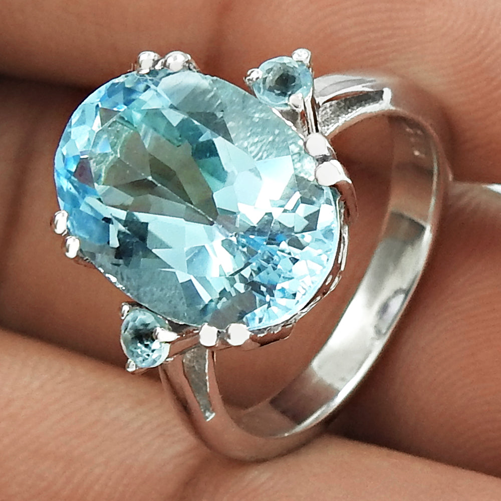 Natural Blue Topaz Rhodium Plated 925 Silver Wedding Ring For Her R23