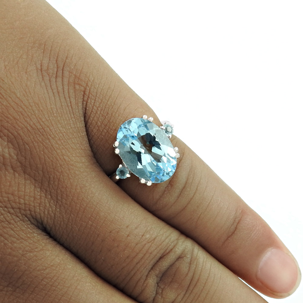 Natural Blue Topaz Rhodium Plated 925 Silver Wedding Ring For Her R23