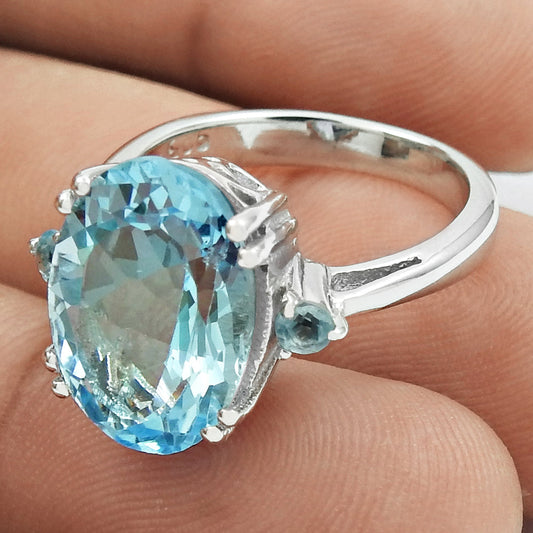 Natural Blue Topaz Rhodium Plated 925 Silver Wedding Ring For Her R23