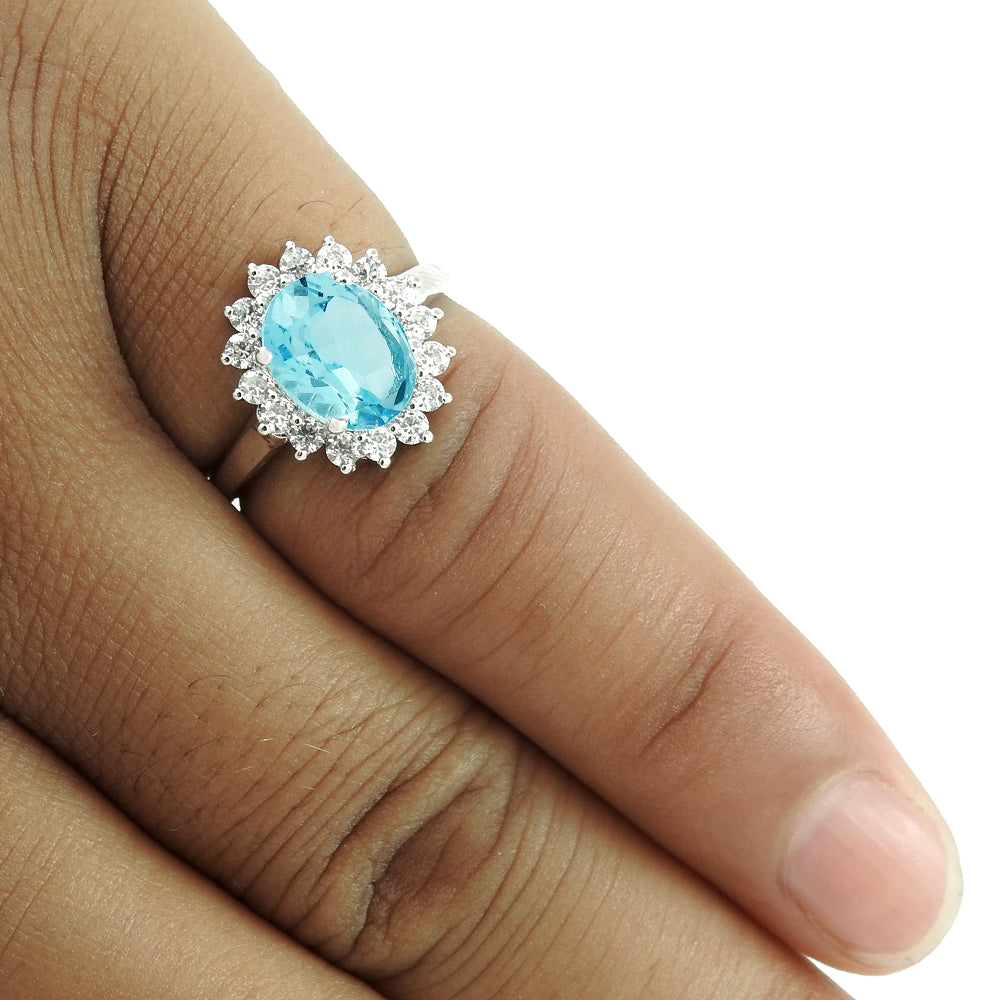 Natural Topaz Rhodium Plated 925 Silver Engagement Ring Jewelry E12