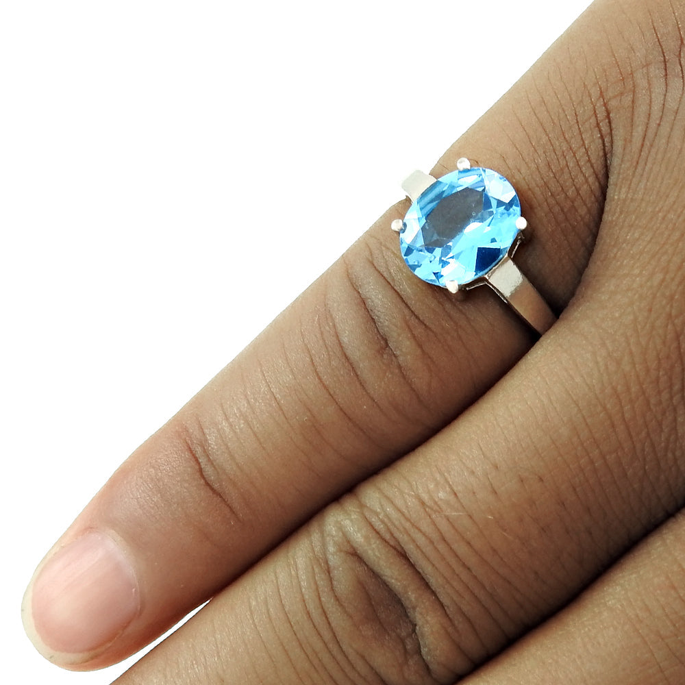 Engagement Ring Natural Blue Topaz Rhodium Plated 925 Silver Ring N28
