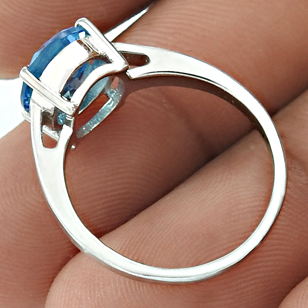 Engagement Ring Natural Blue Topaz Rhodium Plated 925 Silver Ring N28
