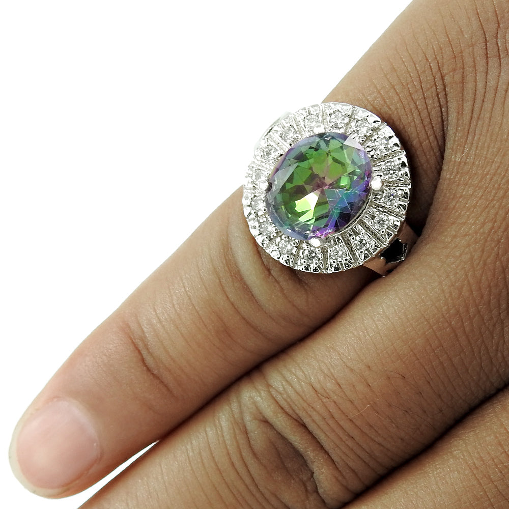 Natural Mystic Topaz Gemstone Cocktail Rhodium Plated Ring 925 Silver N24