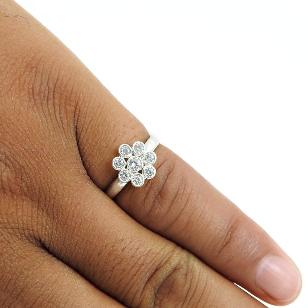 Solid Silver Round Cubic Zirconia Gemstone Birthday Tribal Cocktail Ring