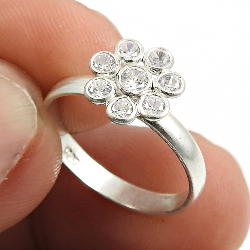 Solid Silver Round Cubic Zirconia Gemstone Birthday Tribal Cocktail Ring