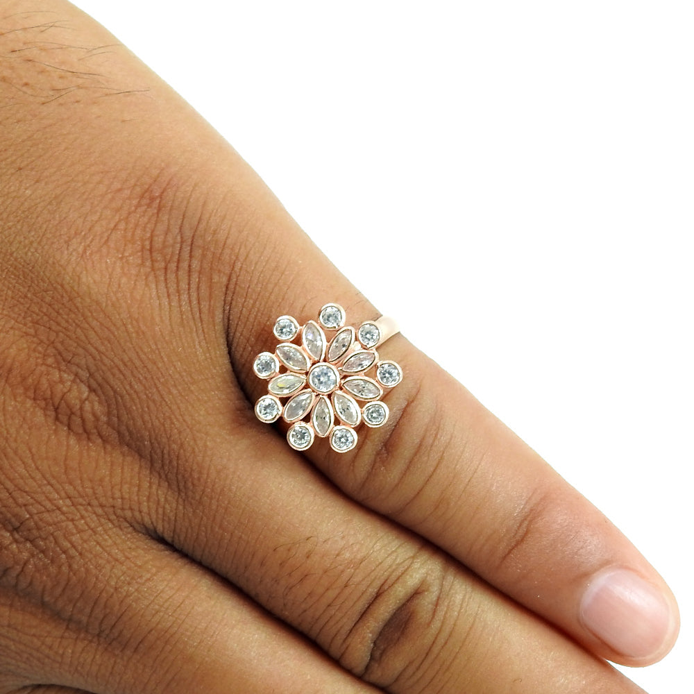 Natural Cubic Zirconia Rose Gold Plated 925 Solid Silver Cocktail Ring