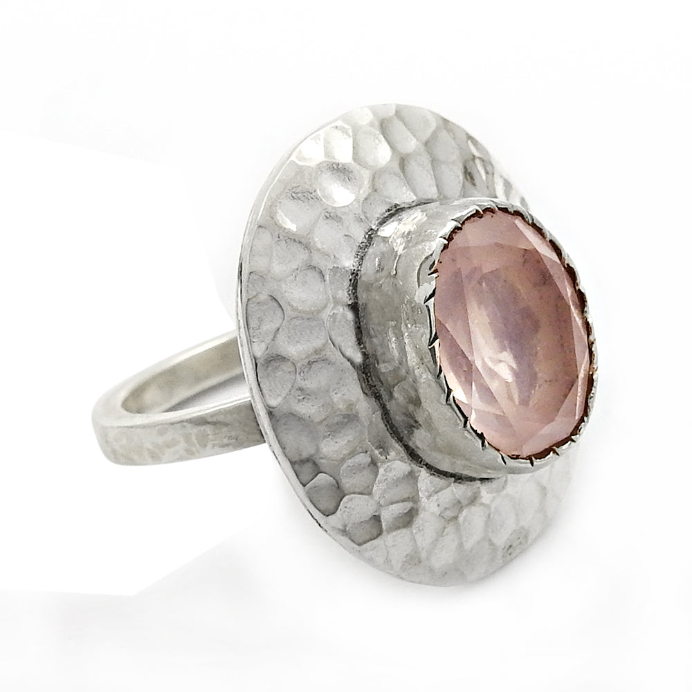 Natural Faceted Rose Quartz Ethnic Ring 925 Silver For Girls