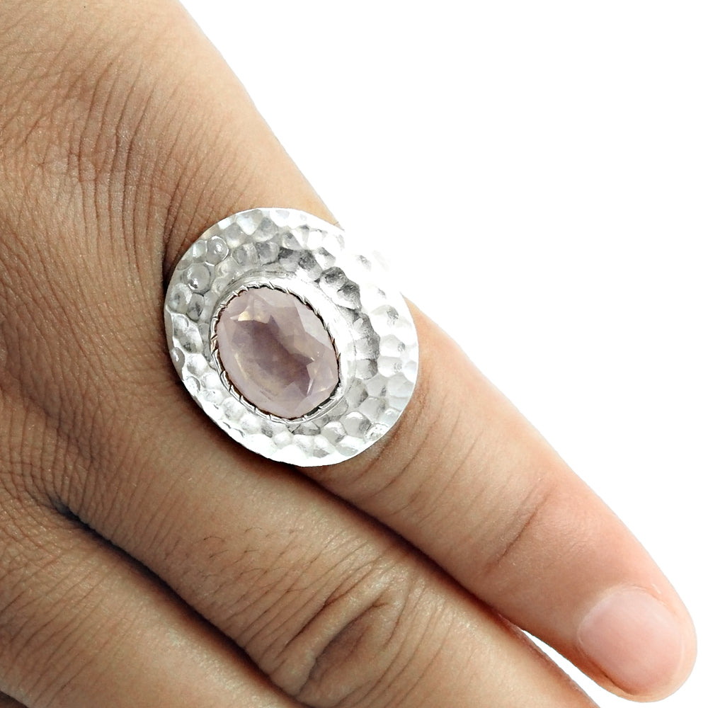 Natural Faceted Rose Quartz Ethnic Ring 925 Silver For Girls