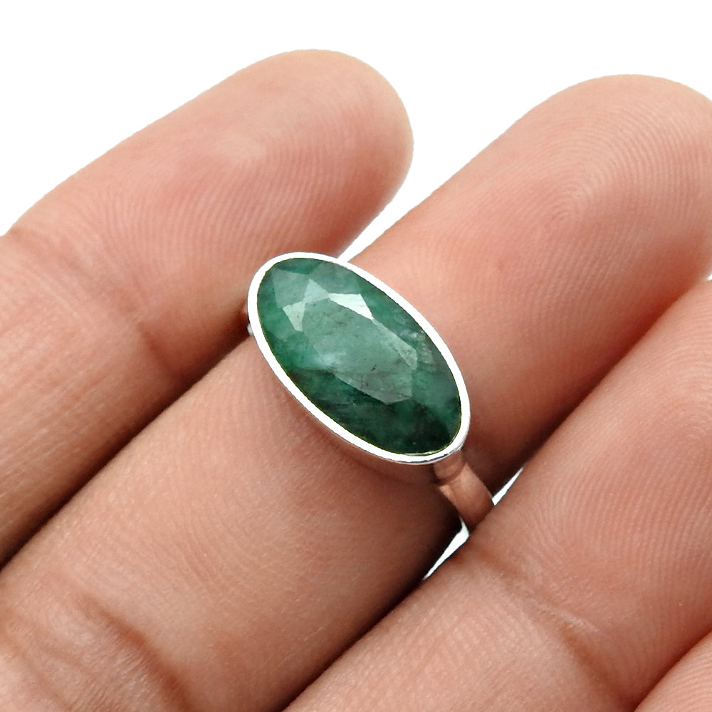 925 Silver Natural Emerald Gemstone Trendy Cocktail Ring Women Jewelry