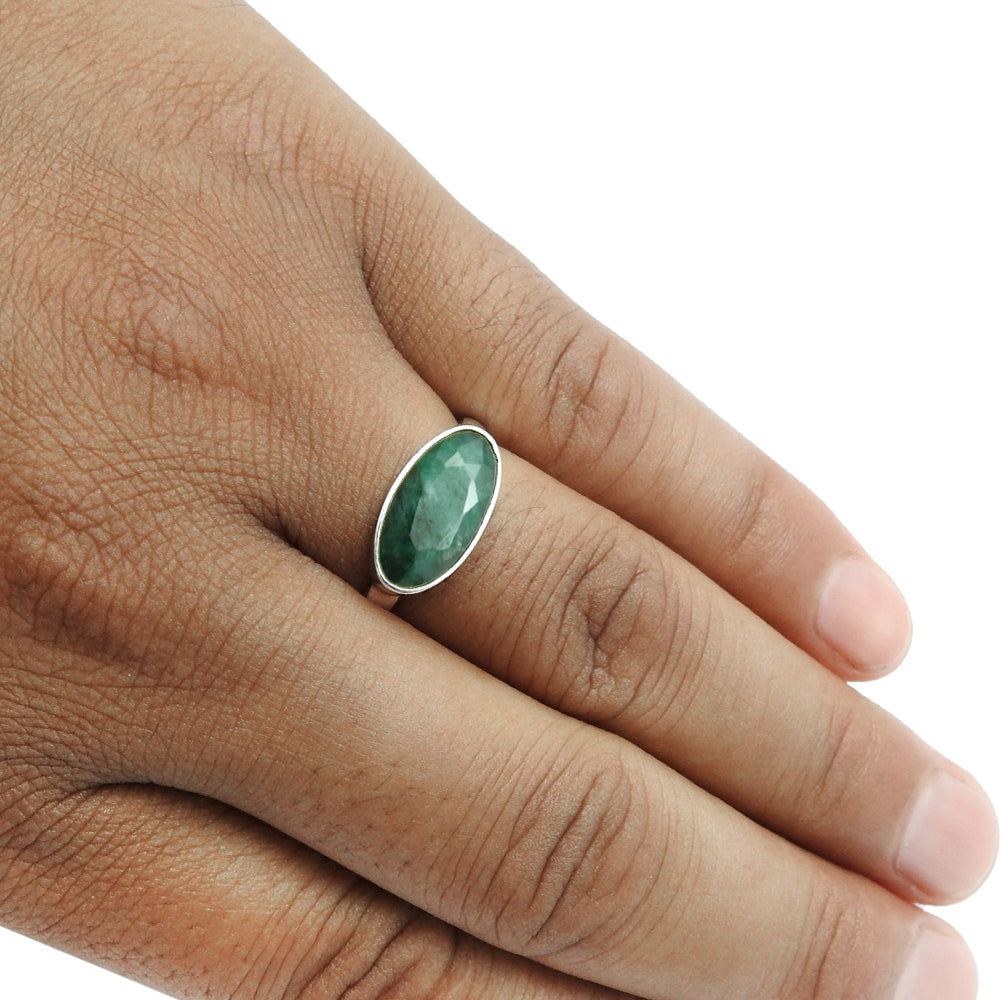 925 Silver Natural Emerald Gemstone Trendy Cocktail Ring Women Jewelry