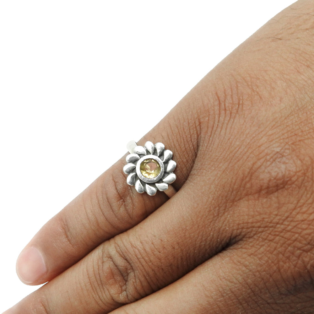 Natural Citrine Gemstone Cocktail Flower Ring 925 Silver For Women H27