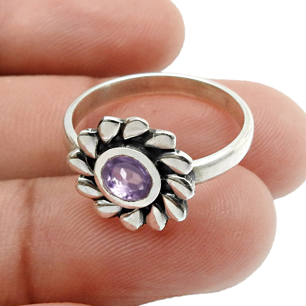 Gift For Her Natural Amethyst Gemstone Flower Ring 925 Sterling Silver S5