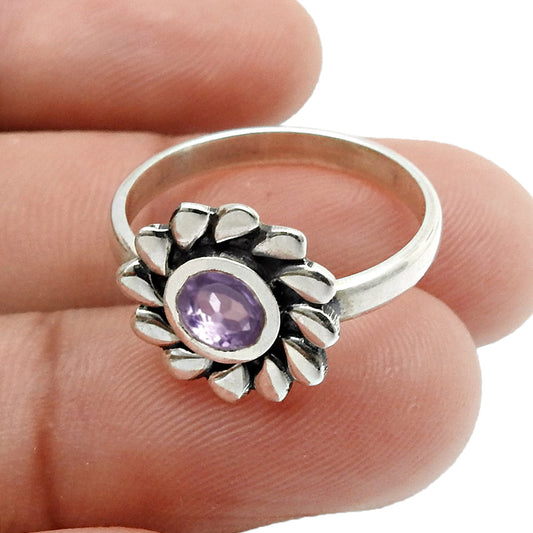 Gift For Her Natural Amethyst Gemstone Flower Ring 925 Sterling Silver S5