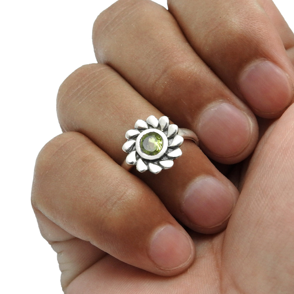 Natural Peridot Gemstone Cocktail Flower Green Ring 925 Silver H24