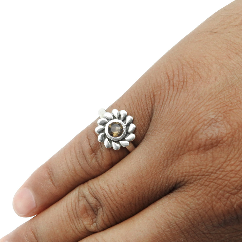 Proposal Ring Natural Smoky Quartz 925 Silver Sunflower Cocktail Ring
