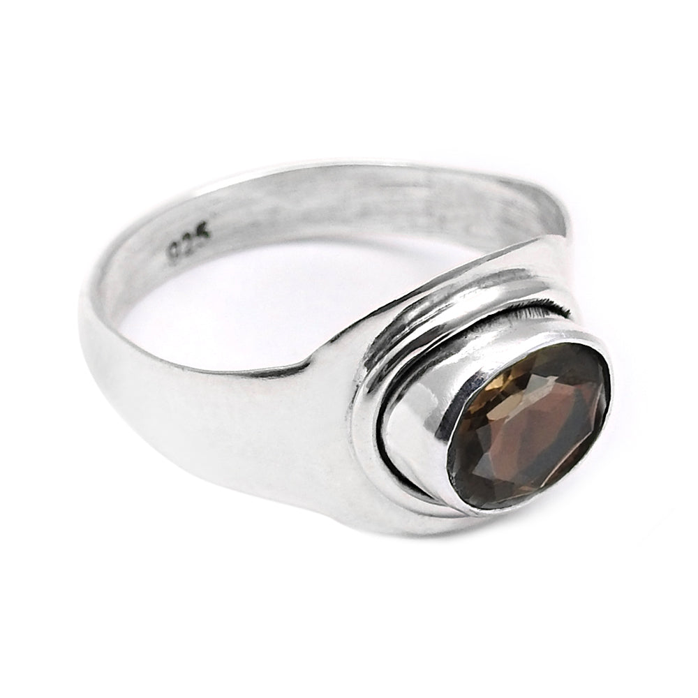 Oval Smoky Quartz Gemstone Elegant Bezel Band Promise Ring Sterling Silver
