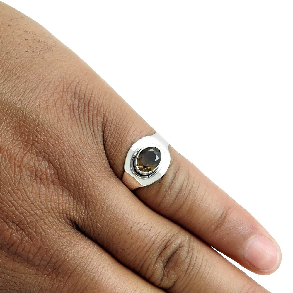 Oval Smoky Quartz Gemstone Elegant Bezel Band Promise Ring Sterling Silver