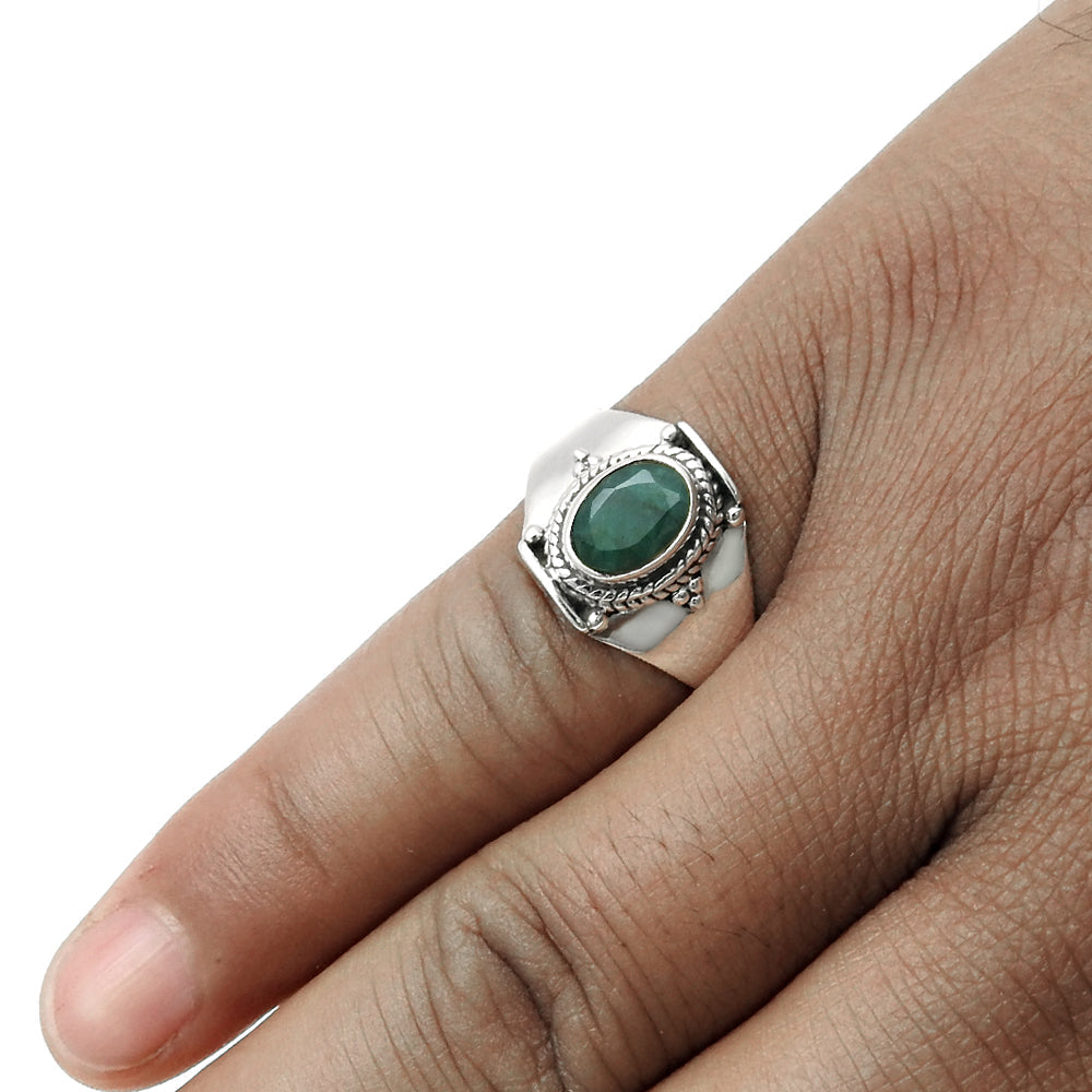 Sterling Silver Heart Chakra Emerald Gemstone Bezel Cocktail Trendy Ring