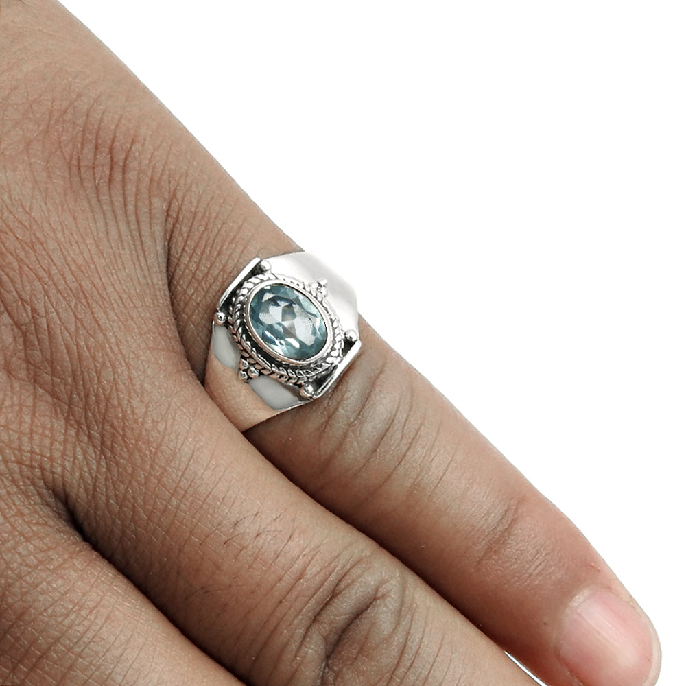 Sterling Silver Throat Chakra Blue Topaz Gemstone Ethnic Band Daughter Ring