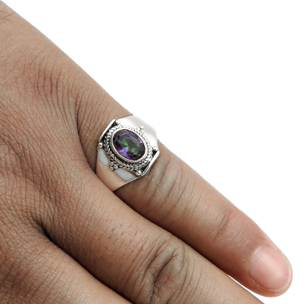 Natural Mystic Topaz Bezel Statement Promise Wife Band Ring Sterling Silver