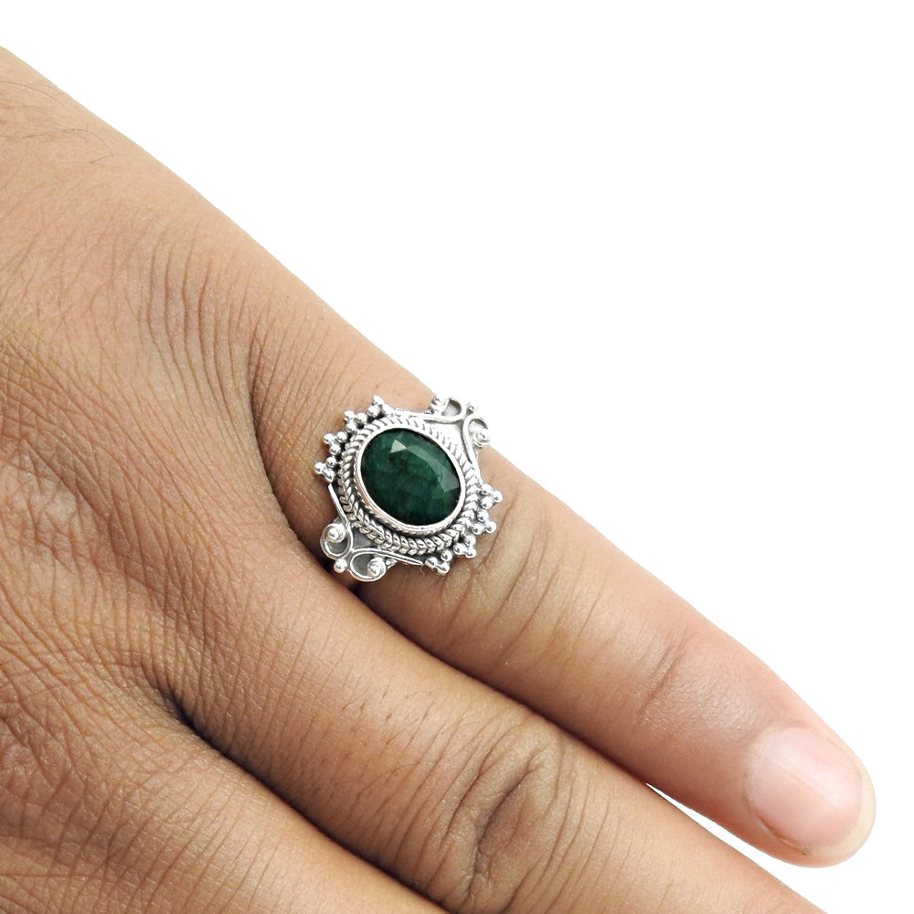Oval Natural Emerald May Birth Band Promise Engagement Ring Sterling Silver