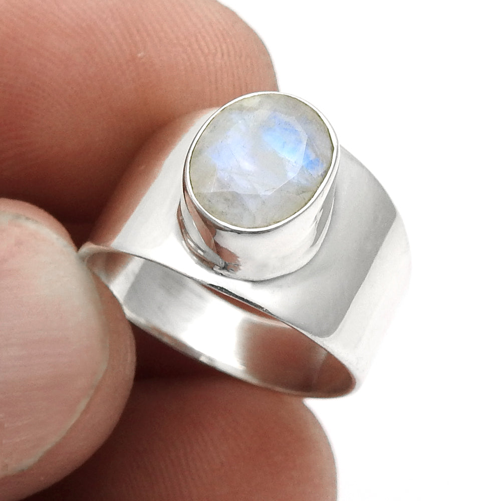 Natural Rainbow Moonstone 925 Silver Promise Engagement Band Ring Jewelry