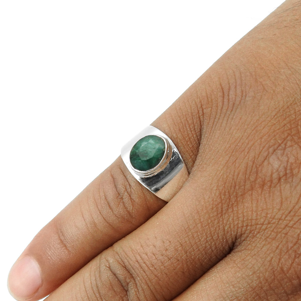Natural Emerald Solid Sterling Silver Band Bezel Statement Promise Ring