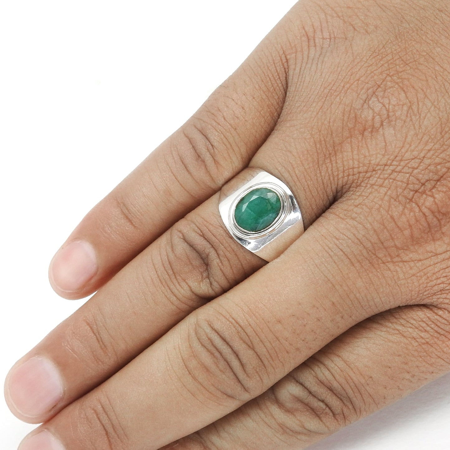 May Oval Natural Emerald Engagement Band Bezel Ring Jewelry Solid Silver