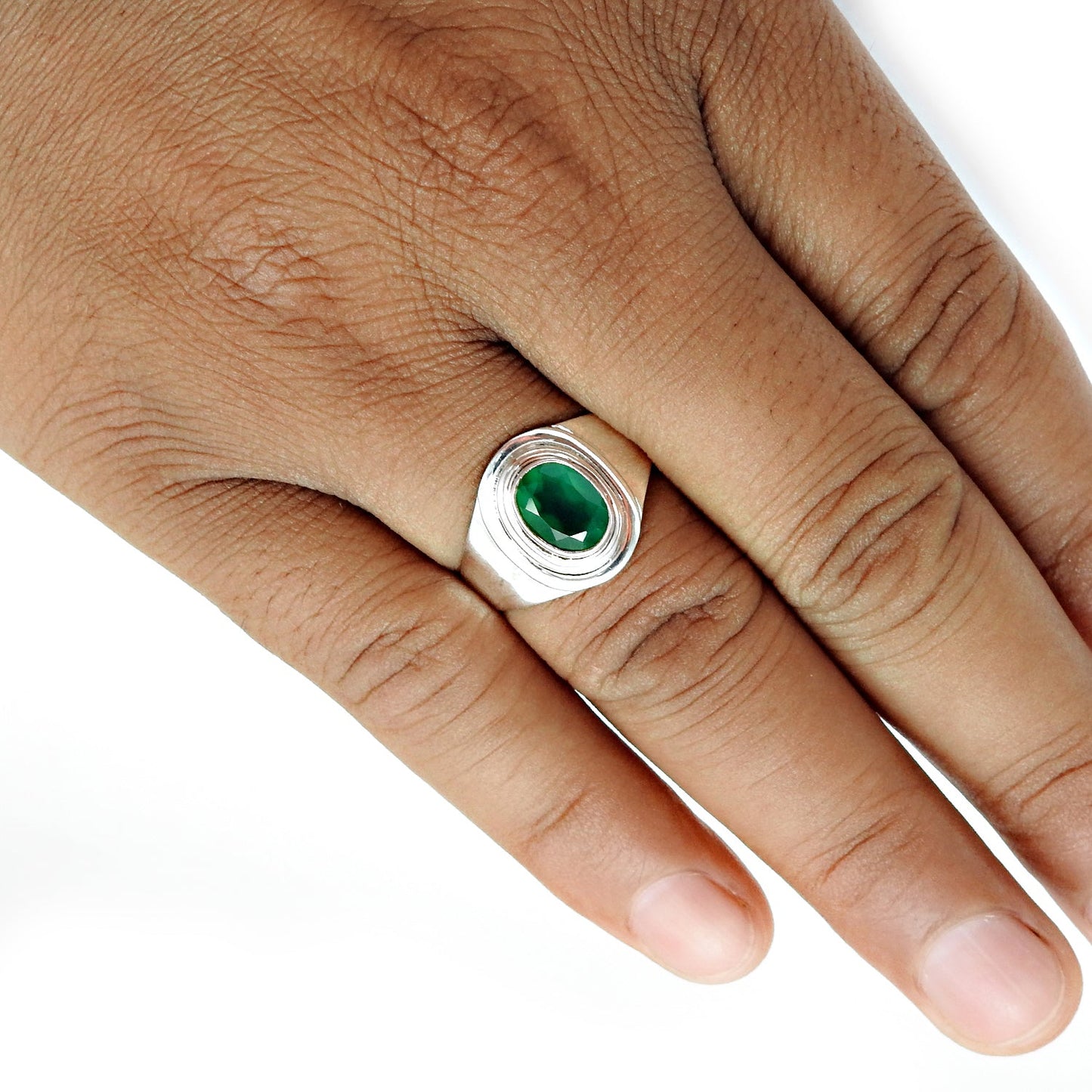Oval Natural Green Onyx 925 Solid Silver Wedding Bezel Band Ring Jewelry