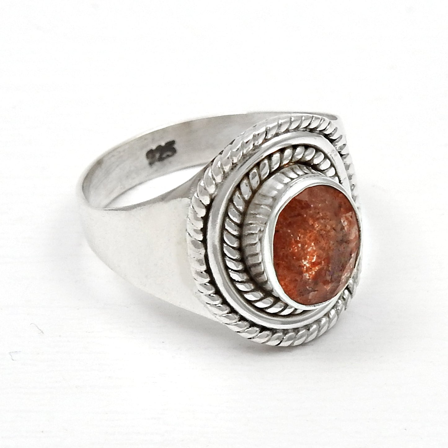 Natural Sun Stone 925 Solid Silver Women Gift Cocktail Ring
