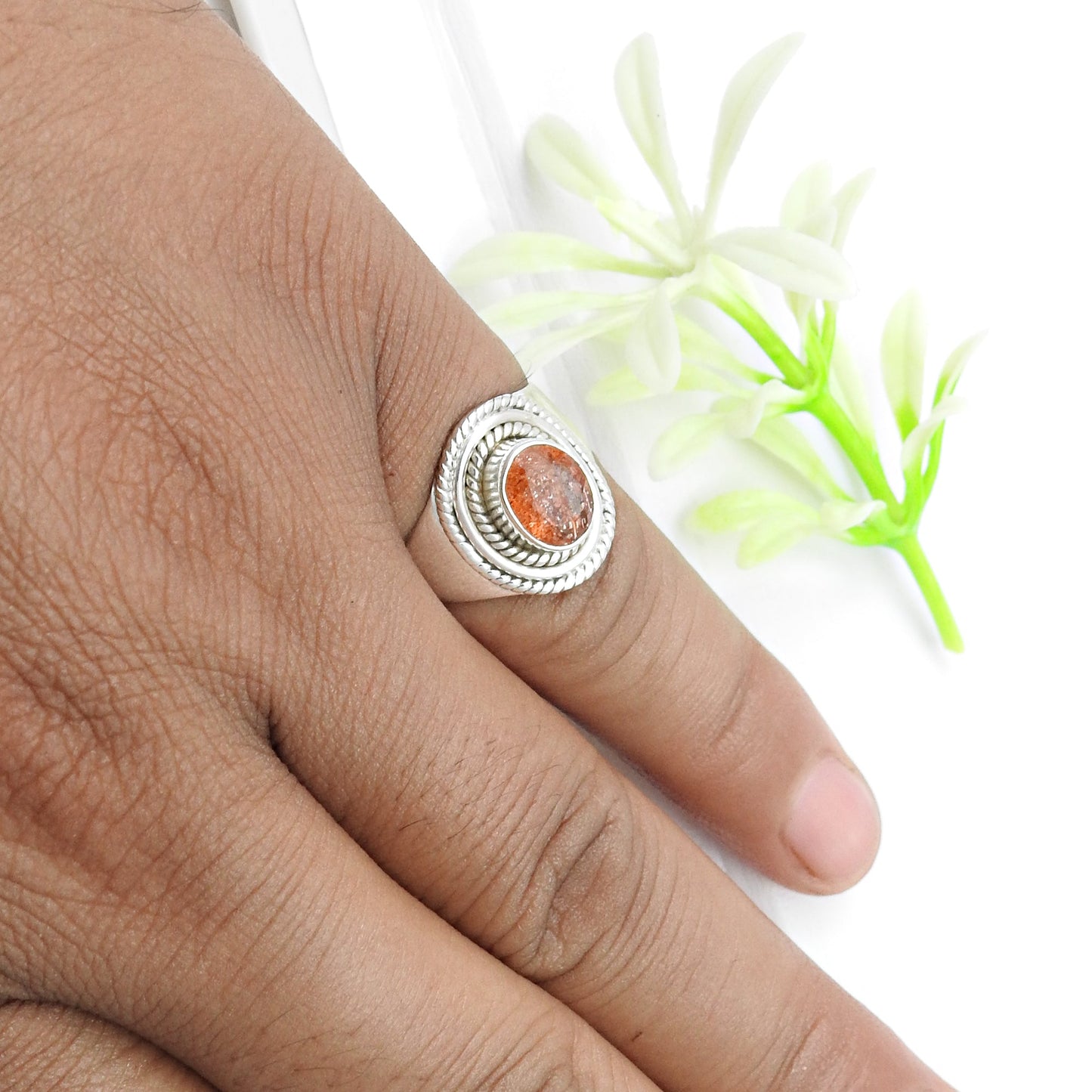Natural Sun Stone 925 Solid Silver Women Gift Cocktail Ring