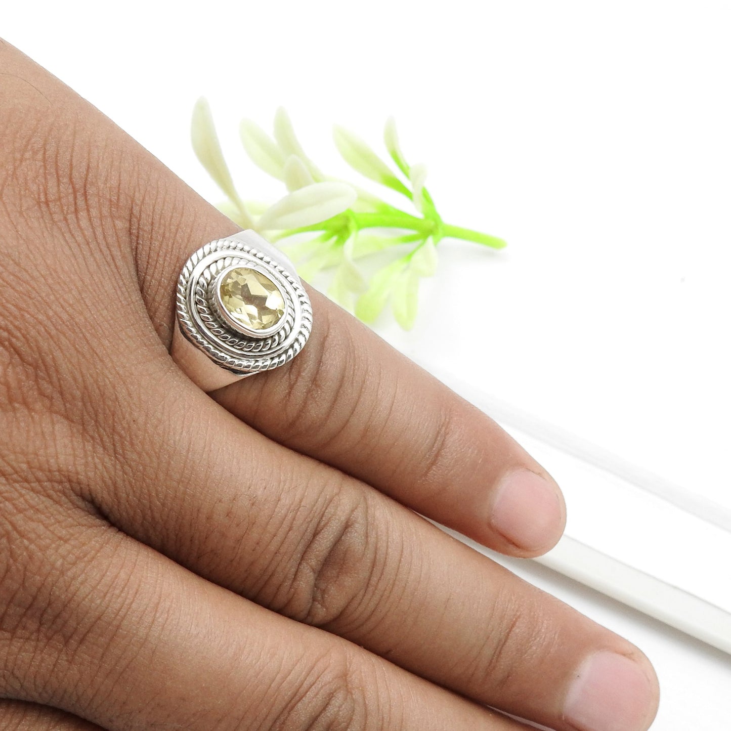 Citrine Stone Solid 925 Silver Bezel Cocktail Ring Women Gift Jewelry