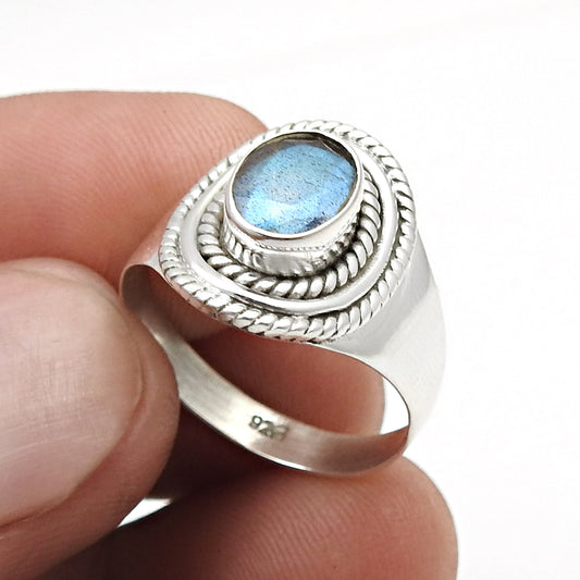 Natural Labradorite 925 Sterling Silver Women Gift Cocktail Ring Jewelry