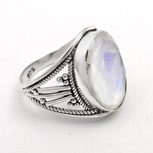 Rainbow Moonstone 925 Sterling Silver Boho Cocktail Ring Size 8.5