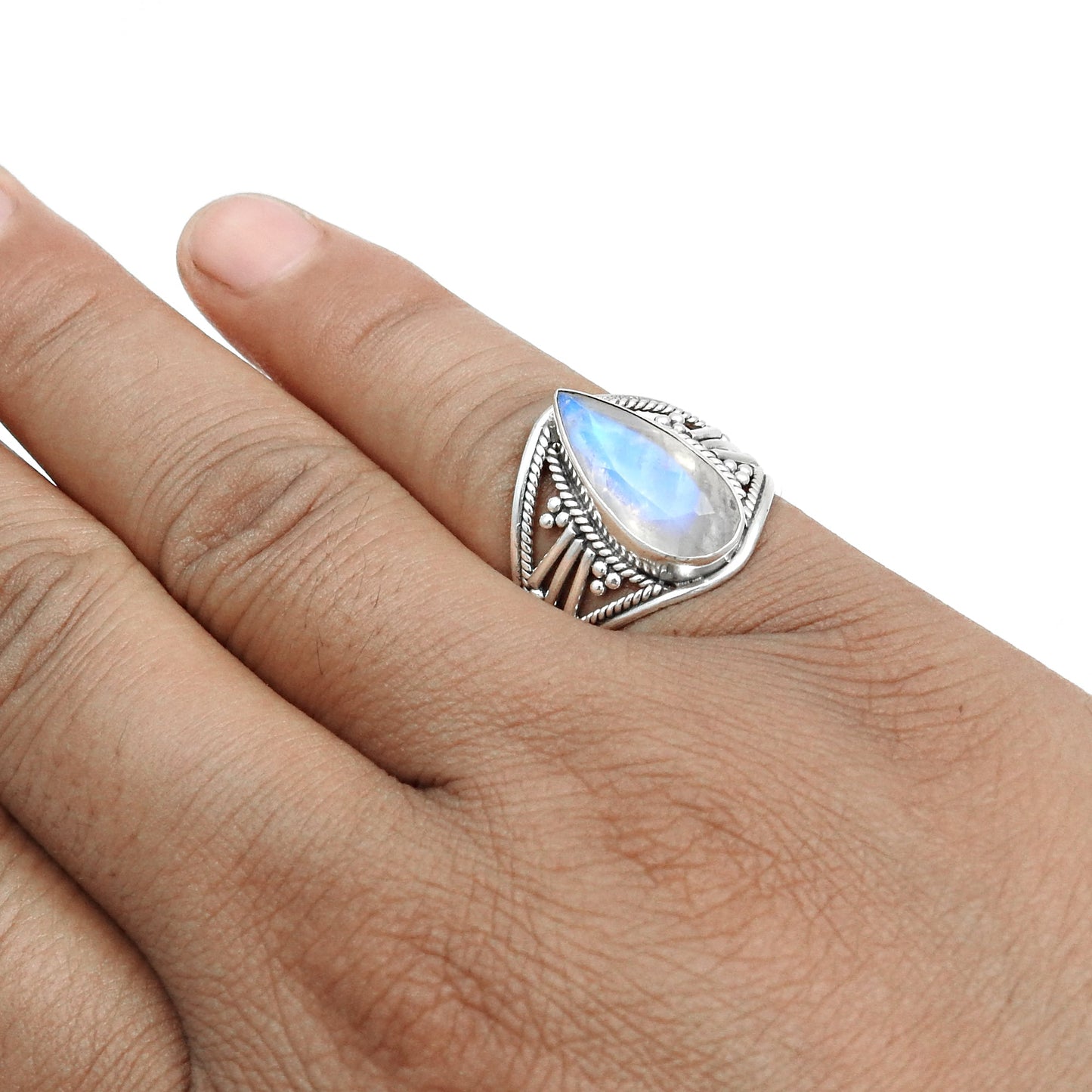 Pear Rainbow Moonstone 925 Silver Cocktail Handmade Ring Jewelry Size 7